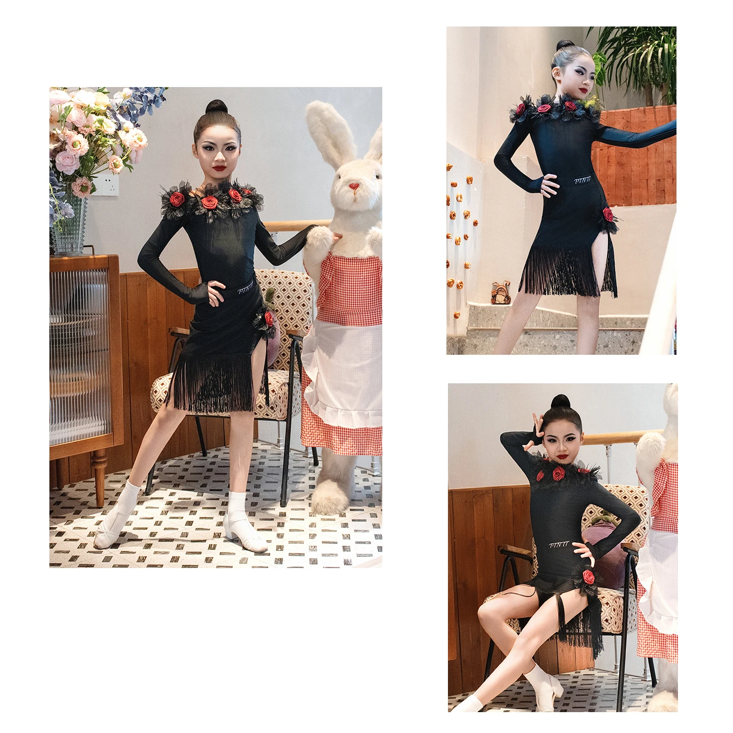 2025 Costumi di performance di danza latina per bambini Gonne nere a maniche lunghe con nappe Abito da pratica Chacha Rumba Abito latino XH3820