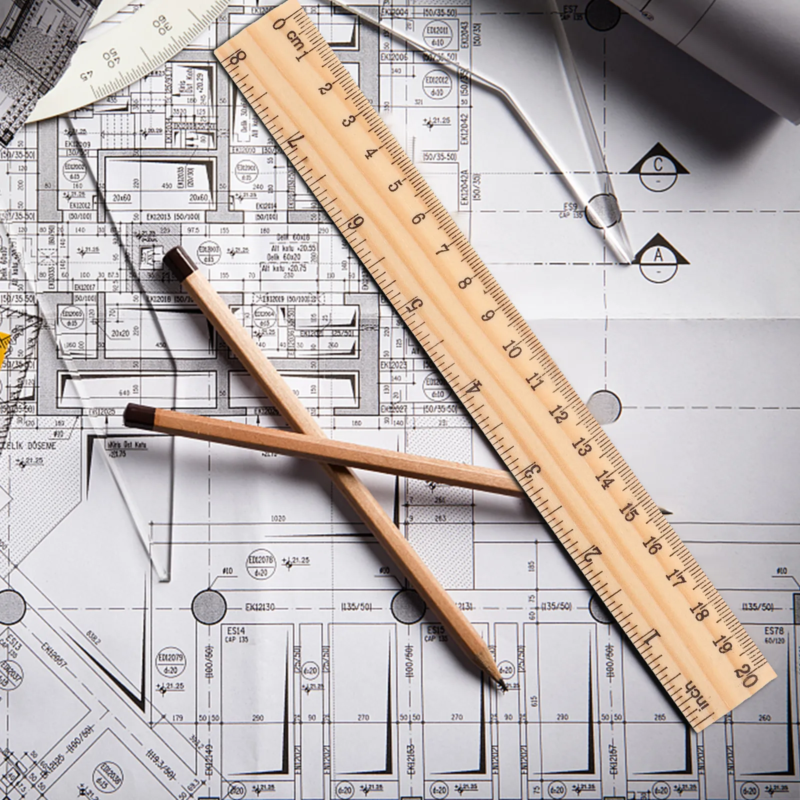 20Pcs Convenient Multi Function Wooden Rulers with Inches and Centimeters for Drawing Line Cutting Design Education Engineering