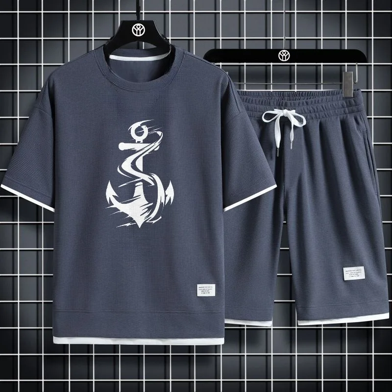 

2025 summer Fashion Waffle Big fish hook print on the beach Thin Leisure Outfit Set for Men Streetwear Fashionable two-piece set