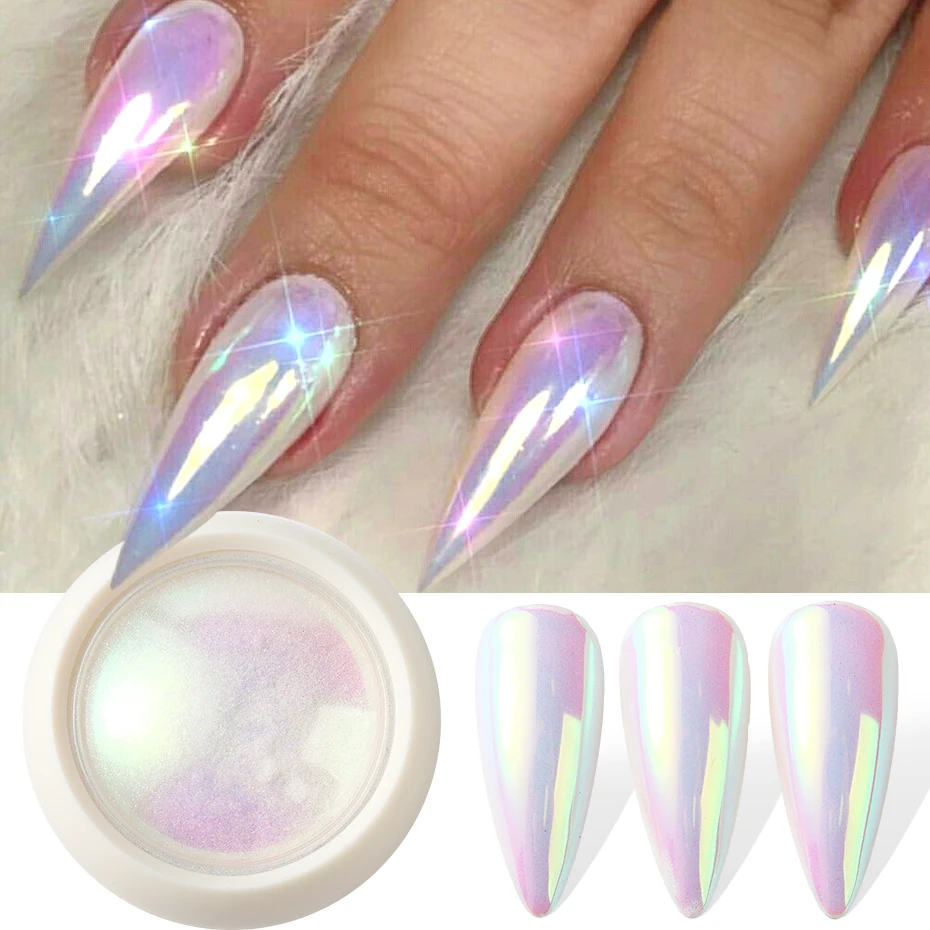 يونيكورن كروم مسمار مسحوق النيون أورورا مرآة التقزح اللوني مسمار الصباغ حورية البحر اللؤلؤ تأثير بريق ماكياج مسمار الفن زينة #1