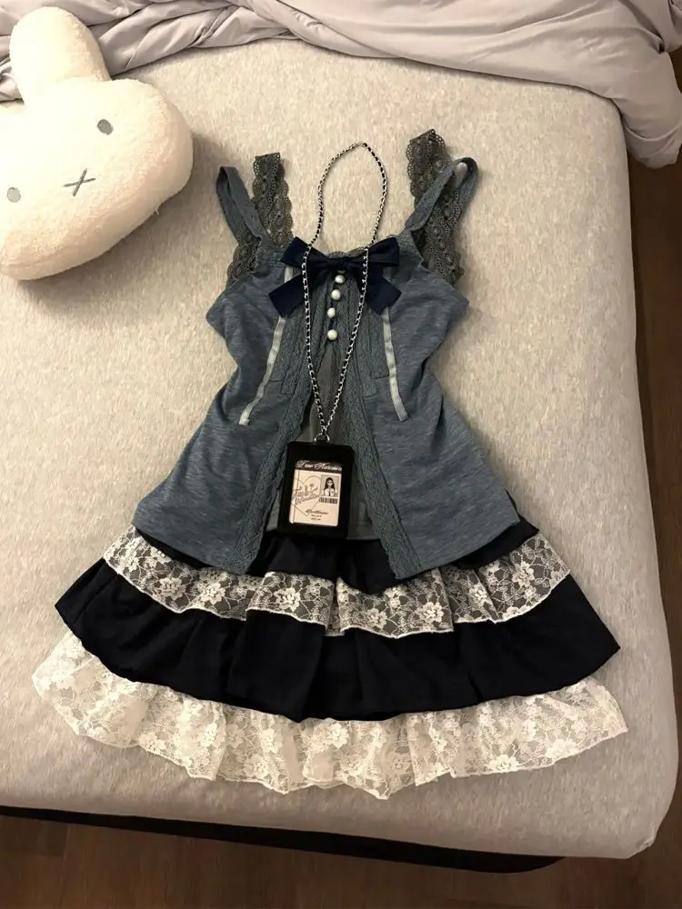 Vintage High Street Slim Lace 3-piece Set Women Design Elegant Bow Patchwork Sling Suit Harajuku Hepburn Retro Japanese Outfits
