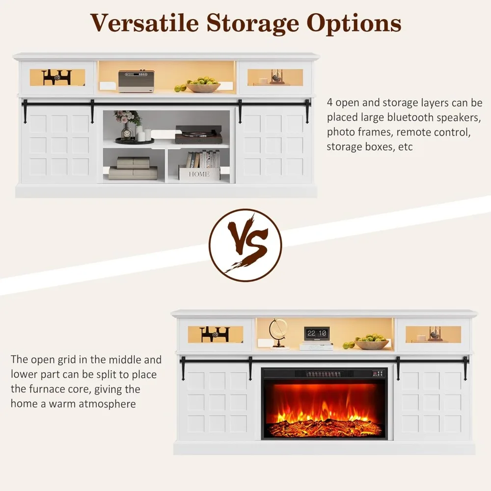 حامل تلفزيون مدفأة لأجهزة التلفاز مقاس 80 بوصة مع منافذ طاقة وأضواء LED، وحدة تحكم الوسائط الريفية مع أدراج قابلة للطي، ترفيه بعرض 70 بوصة