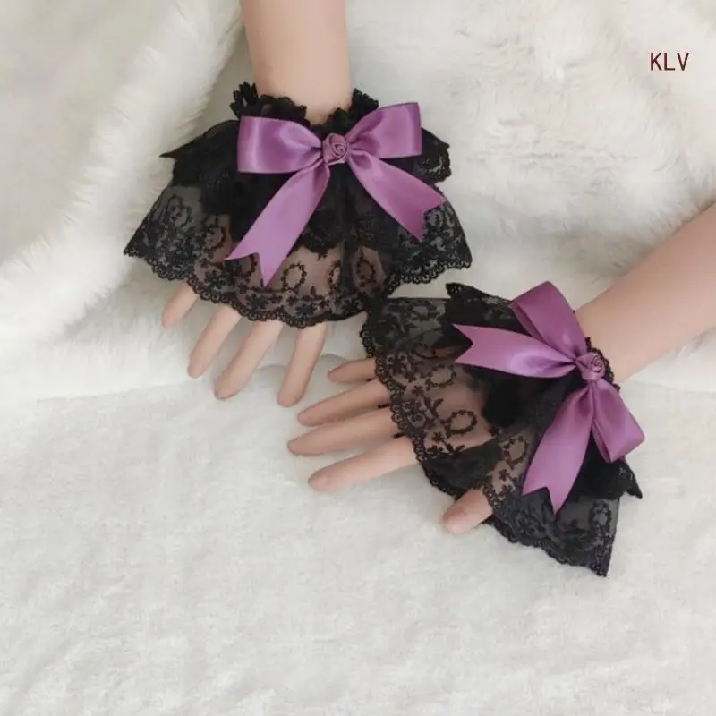 

Gothic Wrist Cuffs Detachable Elegant Wristband Flared Organ Bow Ruffled False Lace Cuffs Sweater Wristband