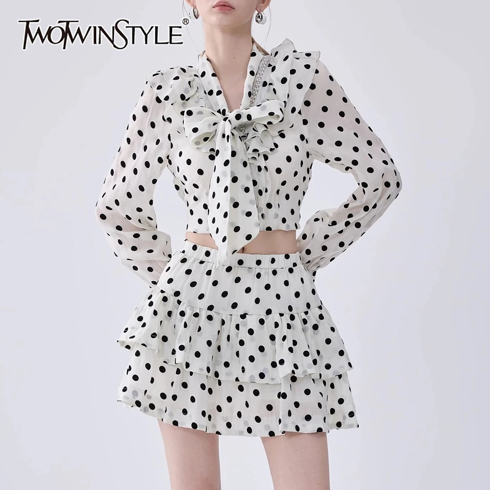 

TWOTWINSTYL Wave Point Two Piece Sets for Women V Neck Long Sleeves Spliced Bead Blouse Patchwork Ruffles Folds Skirt Set Female