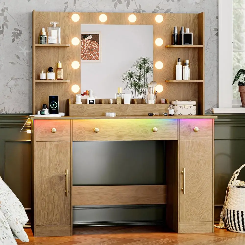 

43 LED Lighted Makeup Vanity Desk with 5 Drawers and Power Outlet, Oak Finish for Women's Bedroom