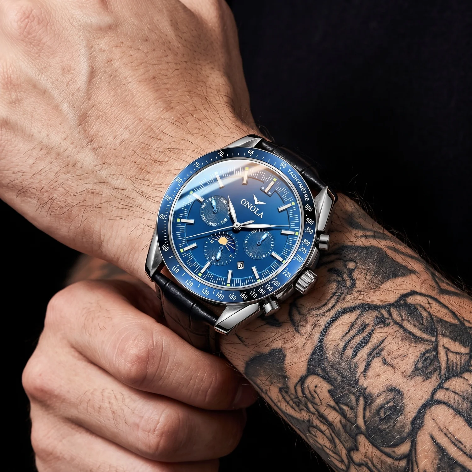 ONOLA Men's Round Mechanical Watch With Speedometer Ring, Moon Phase Date Timer, Night Light Luxury Sports Business Watch