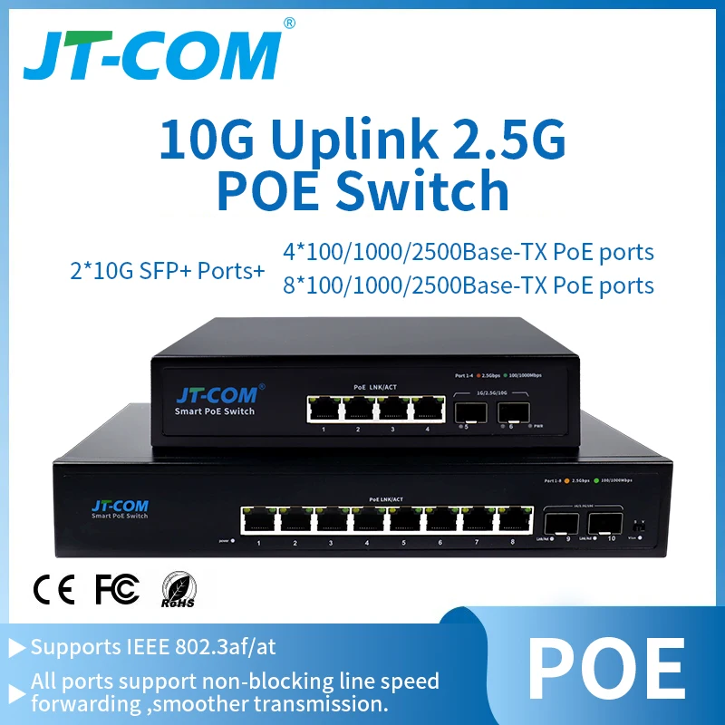 

Коммутатор JT-COM 2.5GbE Smart POE с 4/8 портами RJ45, 2500 Мбит/с, 10G Uplink, Ethernet-коммутатор с 2 портами 10G SFP+, для домашней лаборатории