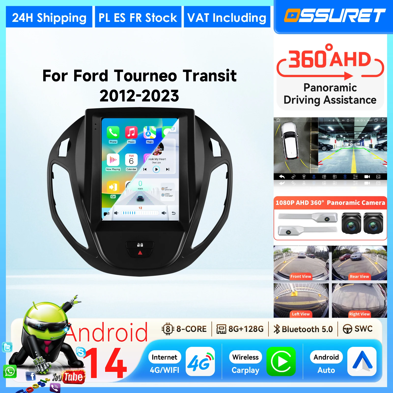 Autoradio Android 9.7'' con telecamera a 360° per Ford Transit Tourneo Courier 2013-2021, Carplay, schermo intelligente, 2DIN 7862, unità principale.