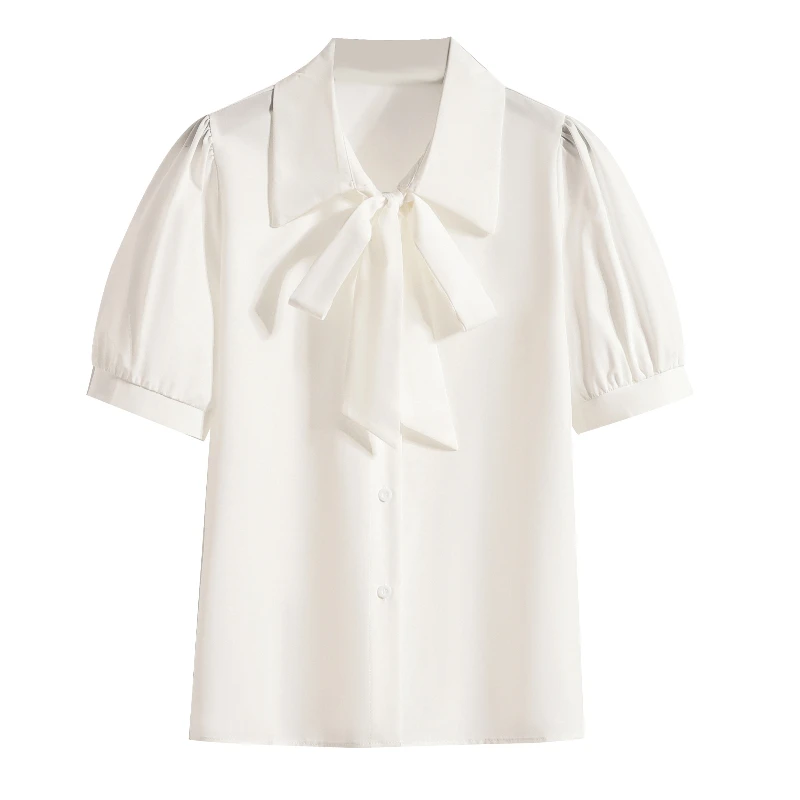 2025 ผู้หญิงแขนสั้นหลวมพลัสขนาดเสื้อElegantแขนสั้นเดี่ยวBreastedเสื้อBow Lace-Upเสื้ออเนกประสงค์