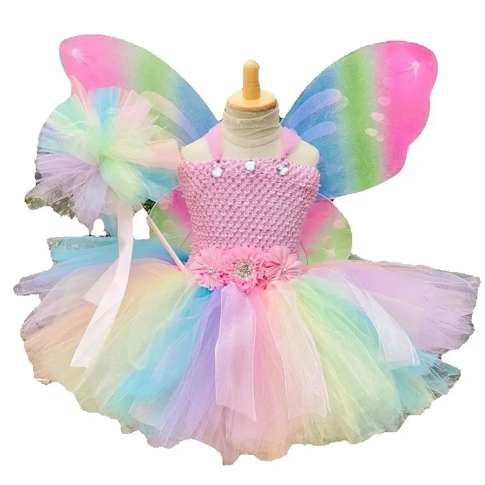 

Girl Butterfly Fairy Skirt Candy Colored Shining Yarn Strap Dress for Elf Party Halloween Costume Polyester TV Movie Costumes