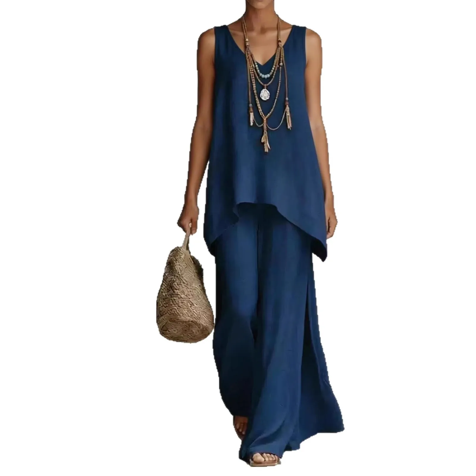 

2026 Summer Women's Bohemian Set V-Neck Tank Top and Wide Leg Pants 2 Piece Set Casual Retro Print Beach Vacation Outfits New