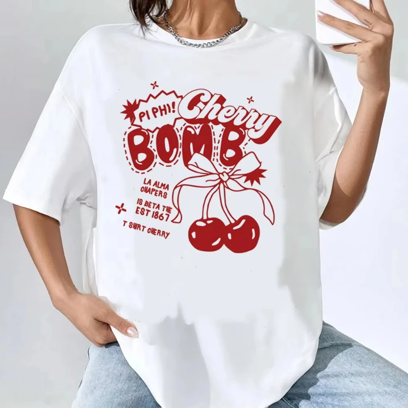 

2025 Summer Fashion Cherry t-shirt female Vintage streetwear Y2k 80s University Grunge shirt anime women Pop Culture Psychedelic