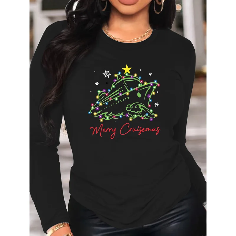 Women's Long Sleeve T-Shirt Merry Cruisemas Christmas Cruise Ship Lights Graphic Crew Neck Slim Fit Fall Winter Tops