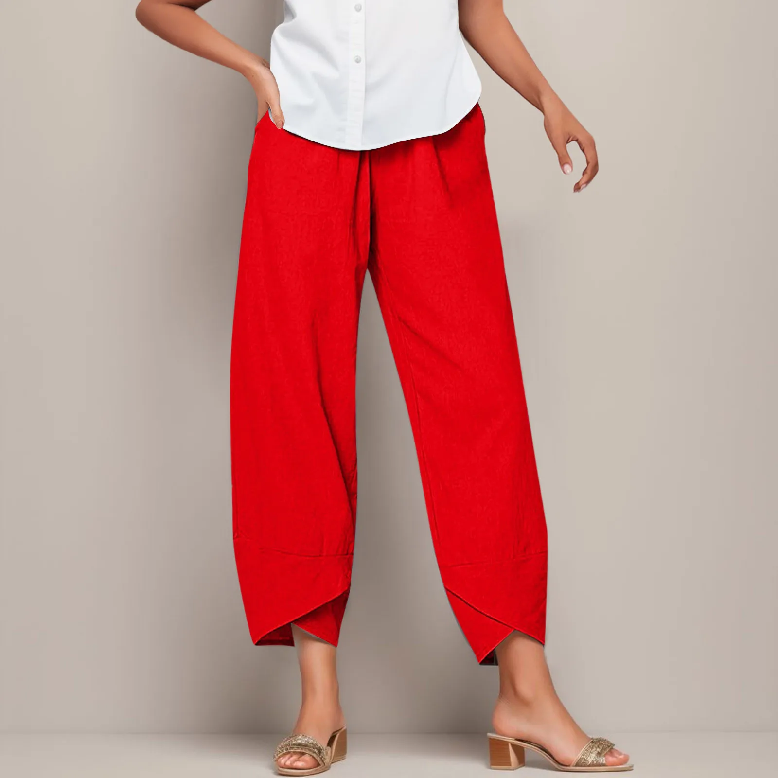 Pantalones holgados de cintura alta para mujer, pantalón de bolsillo, sólido, elástico, informal, a la moda, nueve minutos