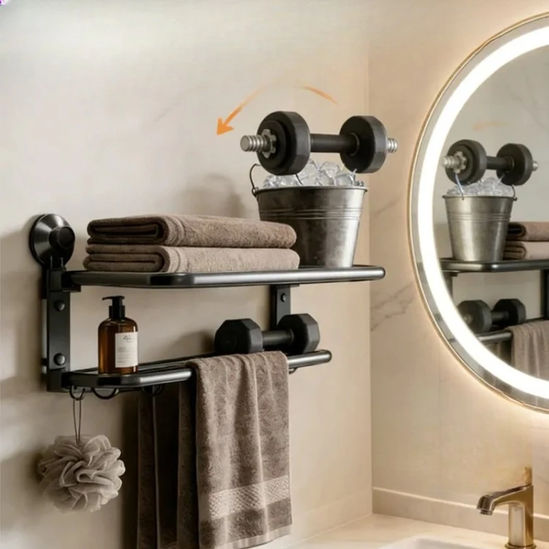

Suction Cup Towel Rack, No Drill Space Alu Foldable Bathroom Holder, Wall Mount Rotating Drying Rack for Towels, Space Saving