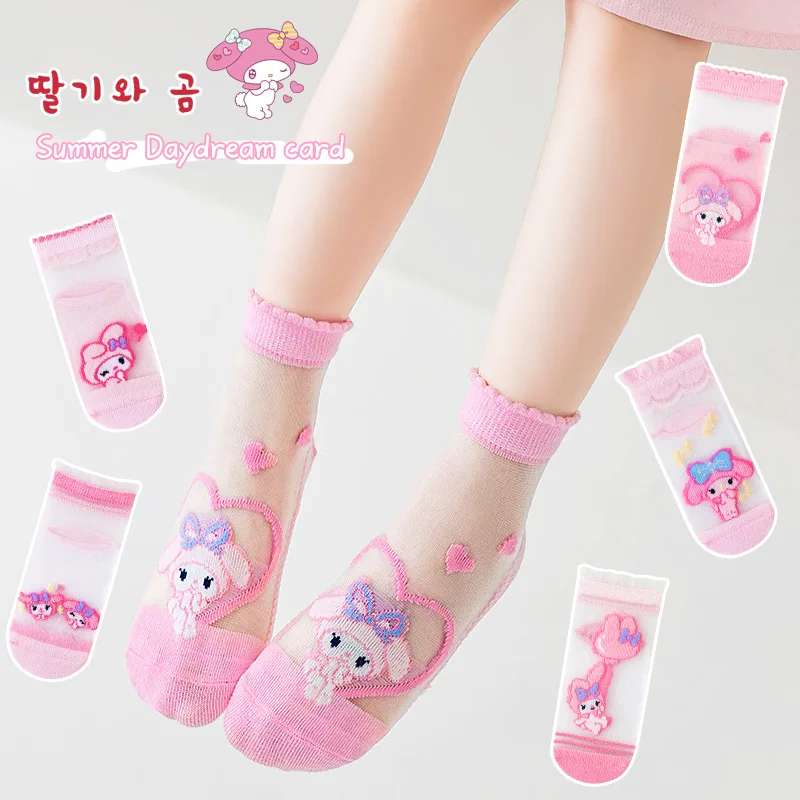 5 Pairs Kuromi Anime Figure Socks for Children Kawaii Thin Socks for Baby Girls Cute Cartoon Melody Breathable Mid-calf Socks