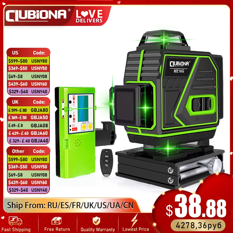 Clubiona 12/16 Lines Green Laser Level Beams Professional Laser Level Unit Tools With Remote Control Pulse Mode 4000mAh Battery