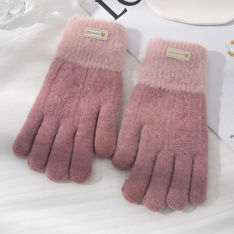 Warme gestrickte Winterhandschuhe für Damen, Plüsch-Strickhandschuhe für Herbst und Winter, warme, doppelschichtige, dicke Handschuhe, Touchscreen-Skihandschuhe