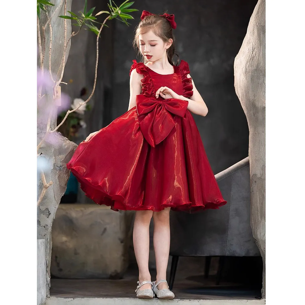 High-end Knee-length Children's Clothing Solid Red White Sleeveless Princess Dress Party Dresses for Girls Christmas Dresses