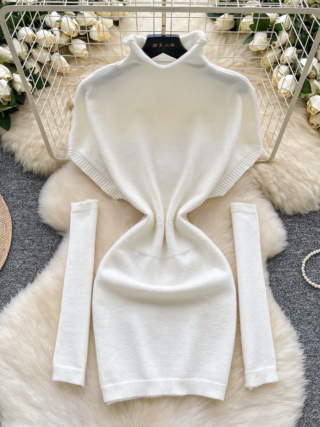 Ele Knitted Slim Fit High Collar Wrap around Skirt Dr for Women Autumn Season Ci Commute A-Line Silhouette Long Sve