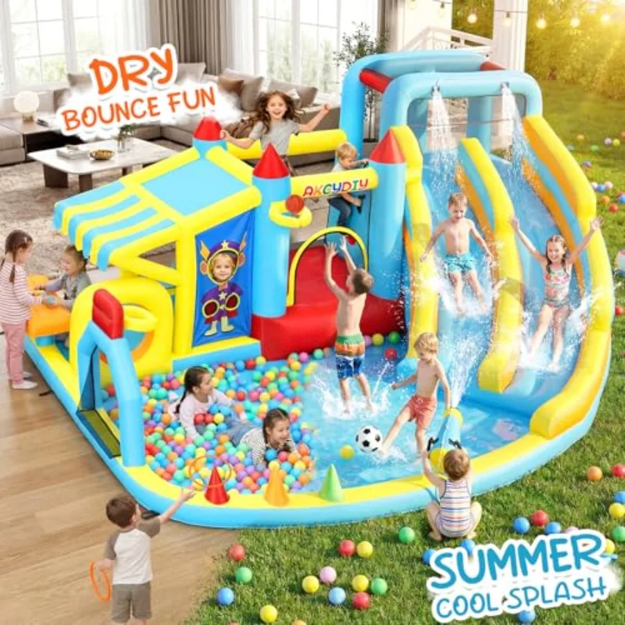 Backyard inflatable water slide bounce house for kids 3-12: 15.7FT dual-slide park with climbing jumping splash pool hoop water