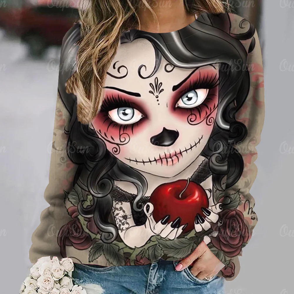 Vintage Skull Cotton T-shirt For Women Y2k Print Harajuku Long Sleeve Tops Autumn O Neck Oversized Sweater Female Casual Clothes