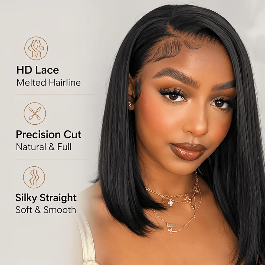 Smilegirl Bone Straight Short Bob Wig  13x4 HD Transparent Lace Front Human Hair Wigs 200% Density For Black Women Pre Plucked Realistic Scalp image 2