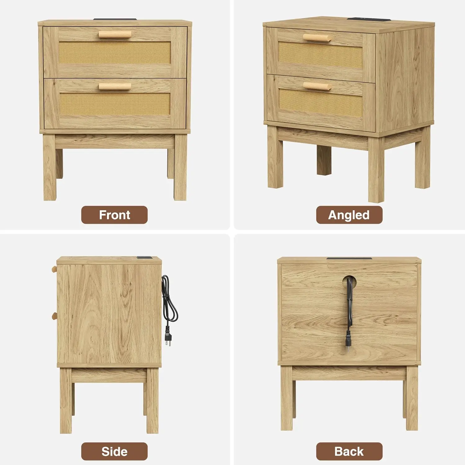 Rattan Nightstand Set 2 Charging Station 2 Drawer Natural Wood Bedside Table Storage Cabinet Living Room Bedroom, Customized