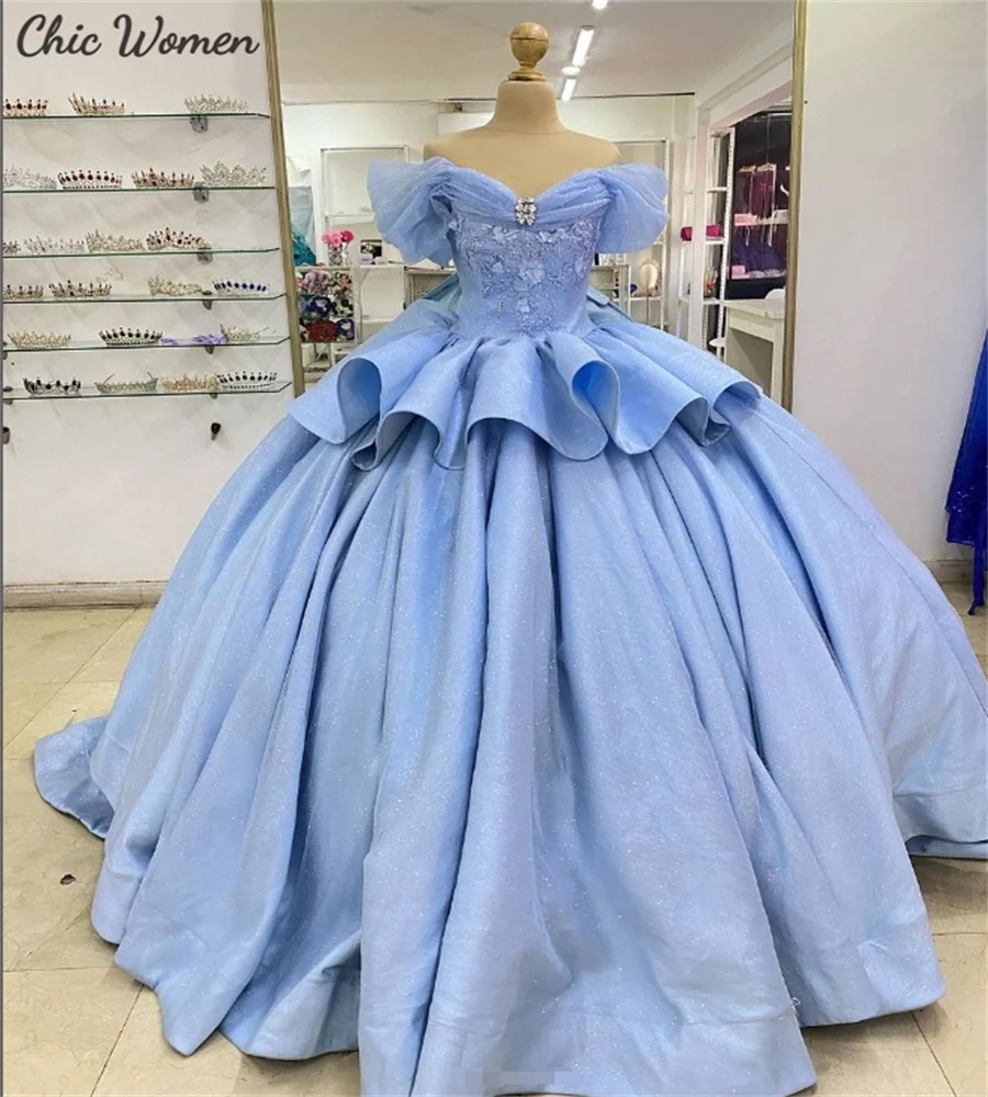 Сказочные голубые платья Quinceanera с большим бантом, кружевные платья Золушки по индивидуальному заказу, Vestidos 15, Quinceañera, вечеринка по случаю дня рождения