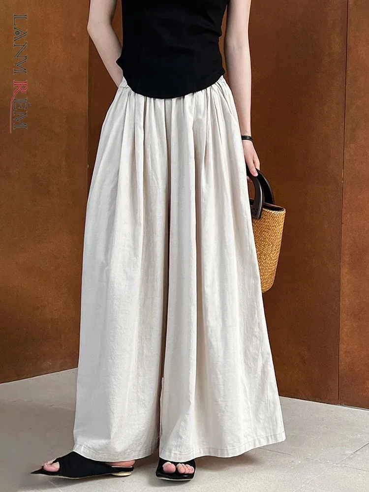 

[LANMREM] Office Lady Linen Wide Leg Pants For Women Solid Elastic High Waist Straight Loose Trousers 2024 Summer New 26D9553