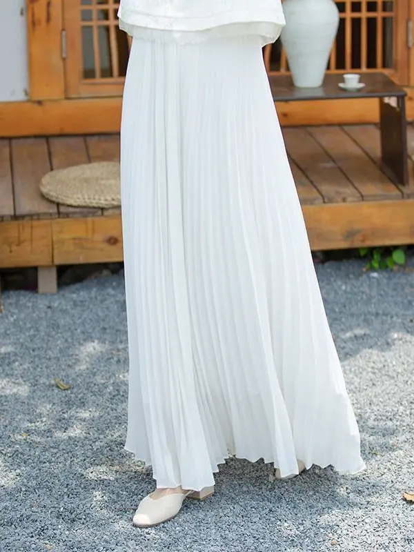 

Spring Summer New Sle High Waist Flared Long Skirt Slimming Pleated White Fairy Artistic Women's f Body Skirt