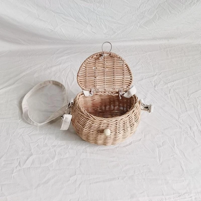 Rattan Woven Crossbody Bag Storage Basket with Lid Toy Container for Children Boys Girls Shoulder Bags Multipurpose 15UB