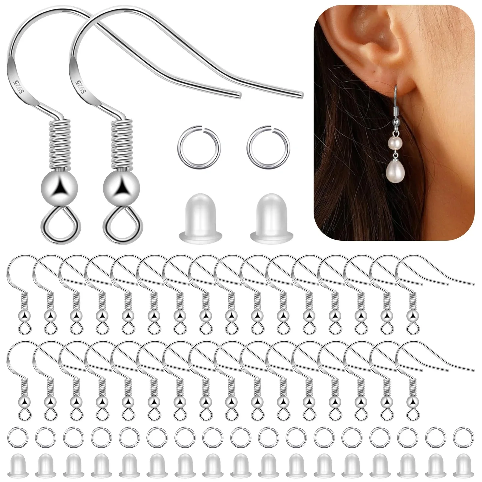 Kit de crochets d'oreille en argent 925 - 100 crochets + 150 anneaux de saut + 100 dossiers en silicone | Fournitures pour la fabrication de bijoux