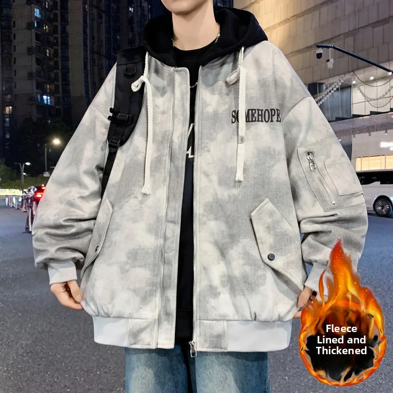 

2025 New Autumn Winter Hooded Jaet Thiened Fce Men's Cool Trendy Youth Faion Outerwear Long Sve Zipper Closure