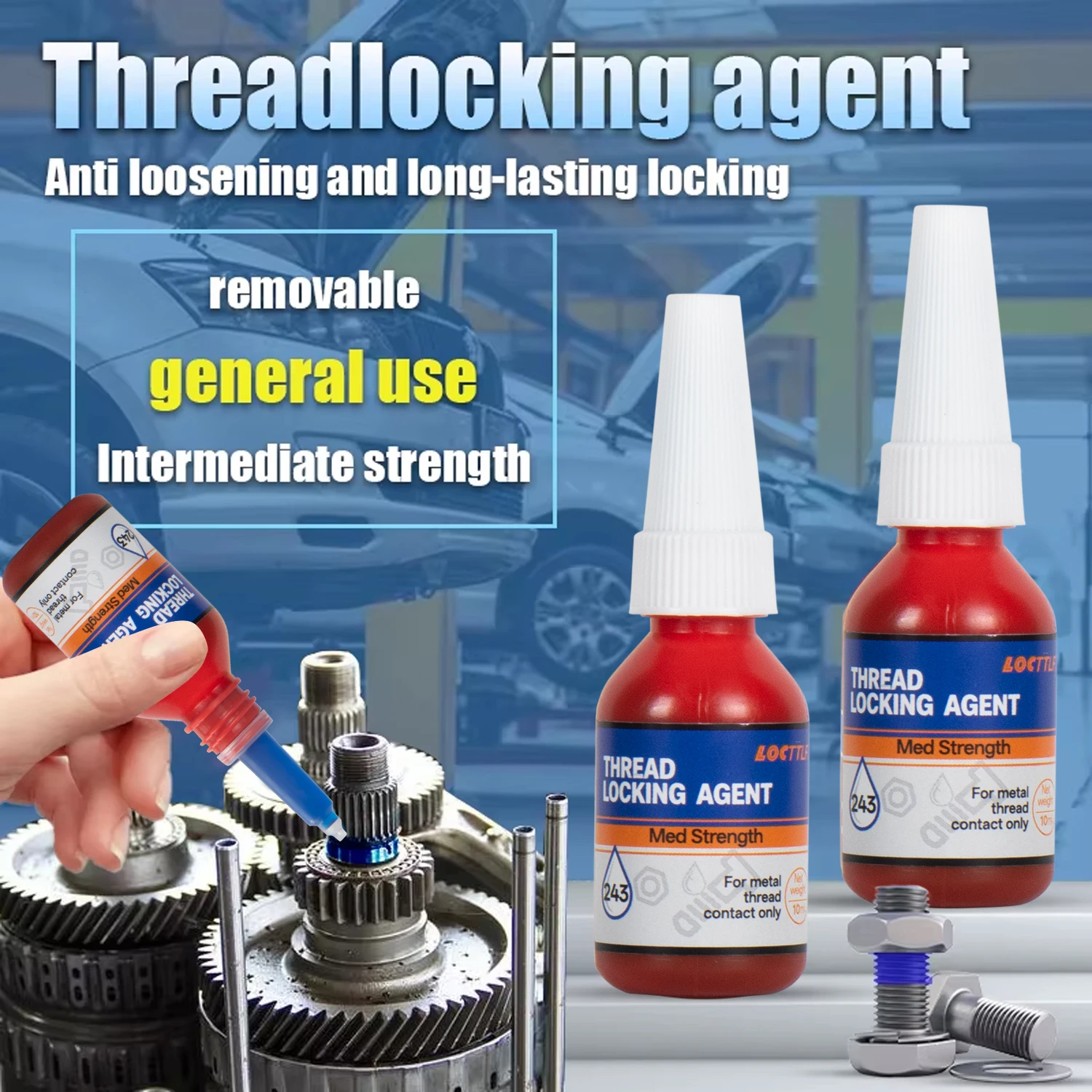 243 Adhesivo de Bloqueo de Roscas de Alta Resistencia 10ml/0.34oz, Adhesivo Anaeróbico de Alta Temperatura Adecuado para Bloqueo de Maquinaria Automotriz