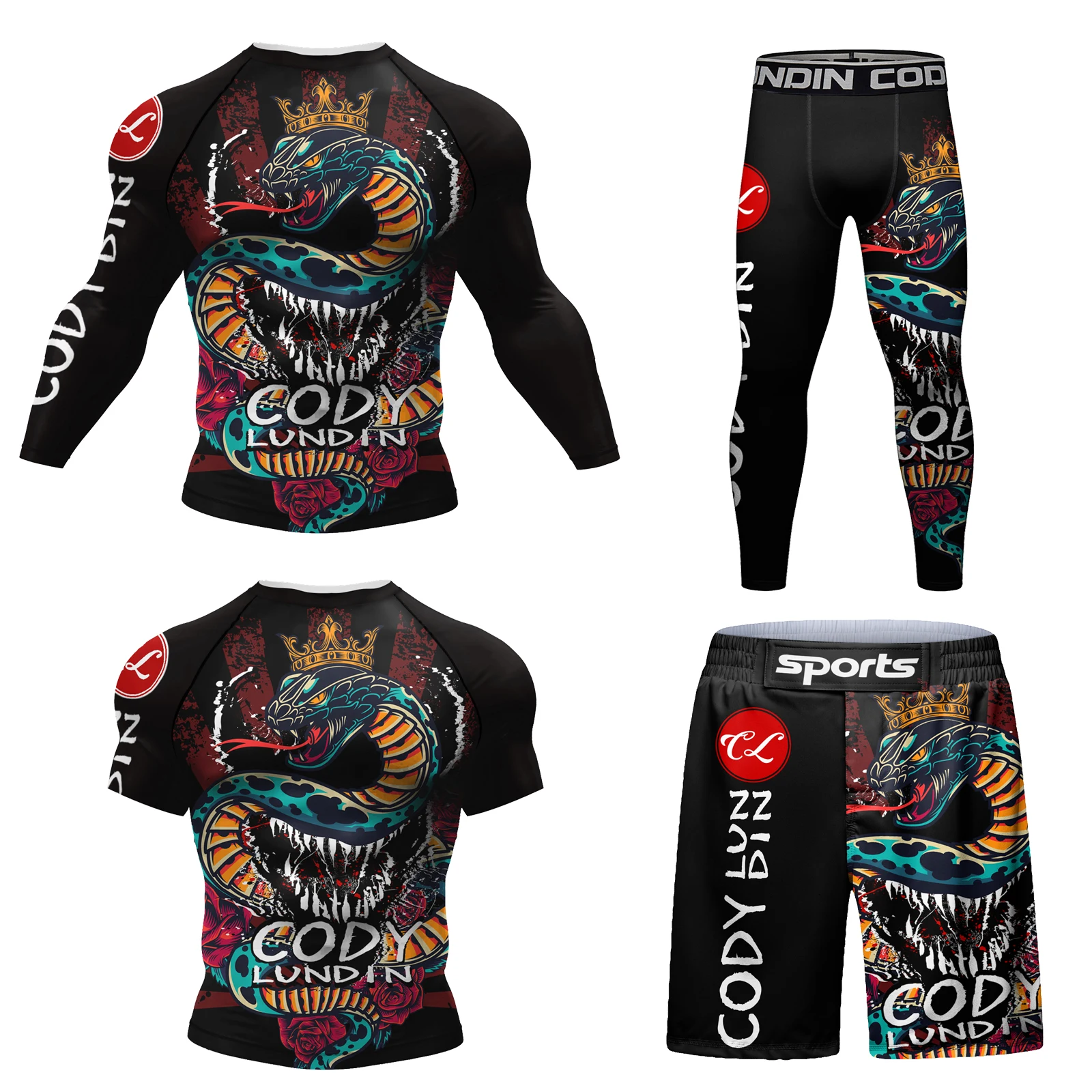 Cody Lundin Quick Dry Fight Sports Training 4-Piece Set for Men Anti-Pilling Kickboxing Jiu Jitsu Man's Work Out Rash Guard Suit