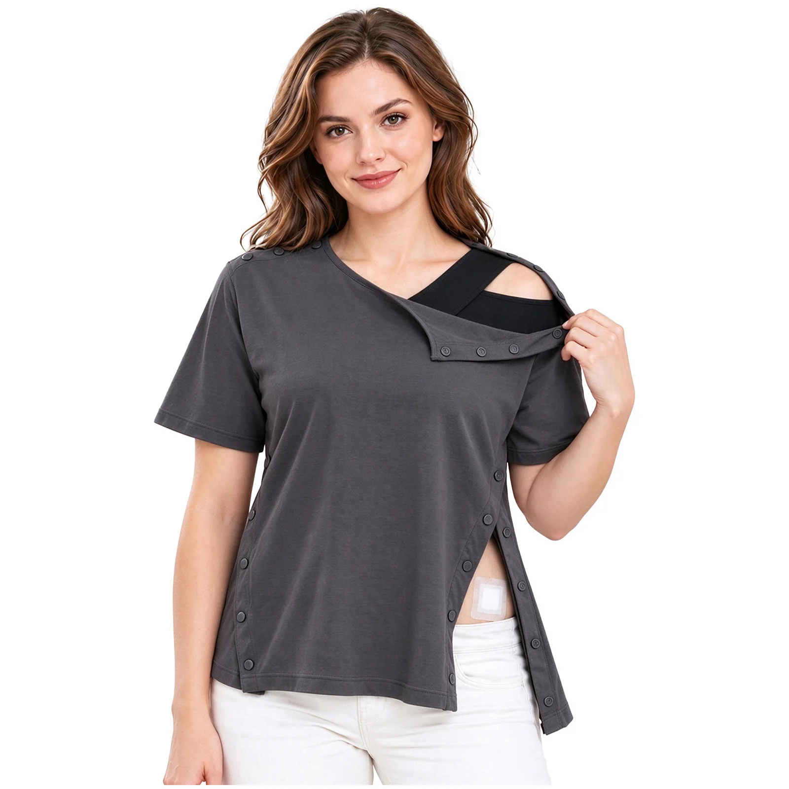 Women Post-surgery Adaptive T-shirt Press Buttons Casual Top for Postoperative Recovery Special Needs Daily Wear Loungewear