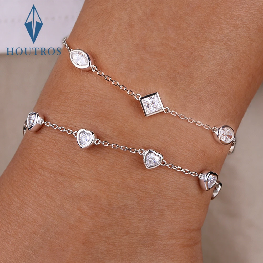 18K White Gold Plated Heart Cut Moissanite Bracelet 1.8cttw Full Diamond Adjustable Hand Chain for Women Men S925 Silver Jewelry