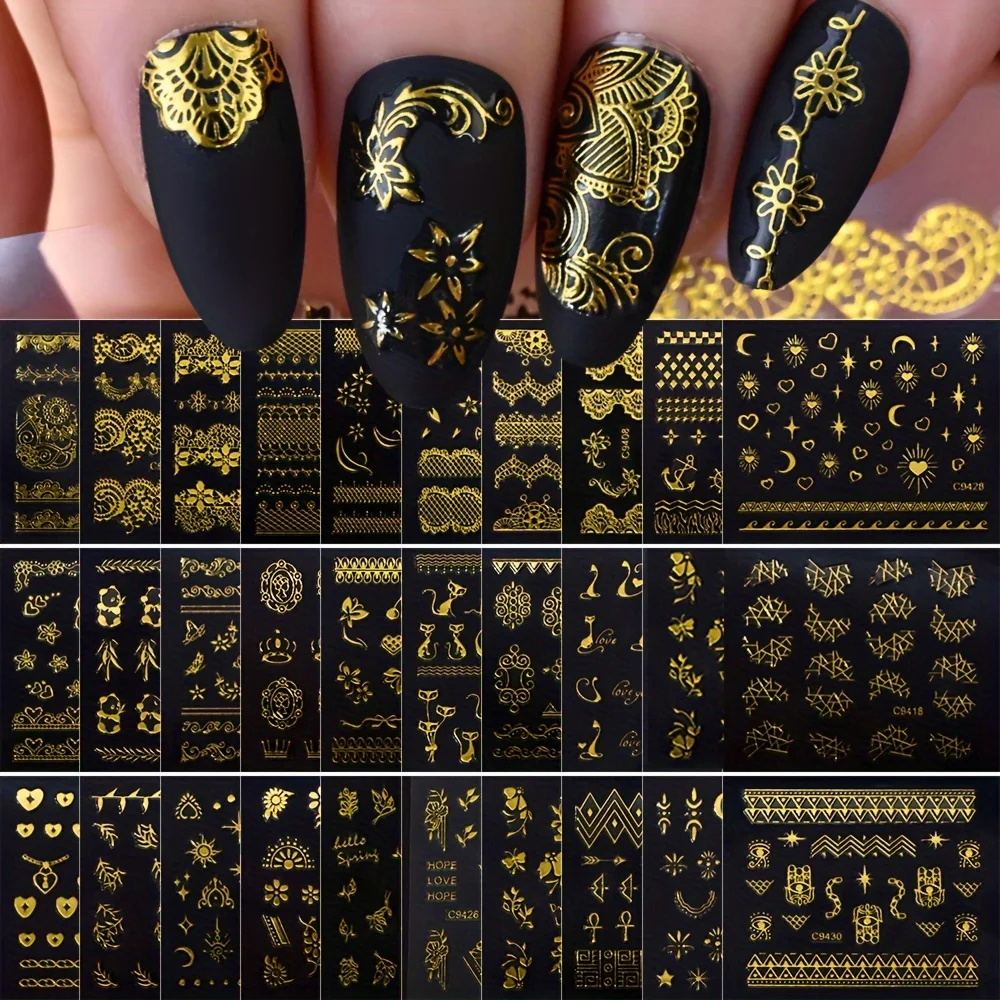 30-teiliges Set Goldfolie Nagelkunst-Aufkleber - Selbstklebende Metallic-Sticker mit Sternen, Monden, Herzen & Mehr für DIY-Maniküre