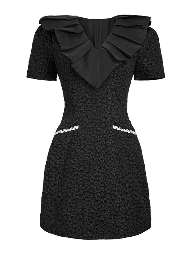 Frauen Kleidung Retro Jacquard Schwarz Rüschen V-ausschnitt Schlank A-Line Kurzes Kleid Elegante Dame Party Prom Vestido Casual Süße Sommer Neue