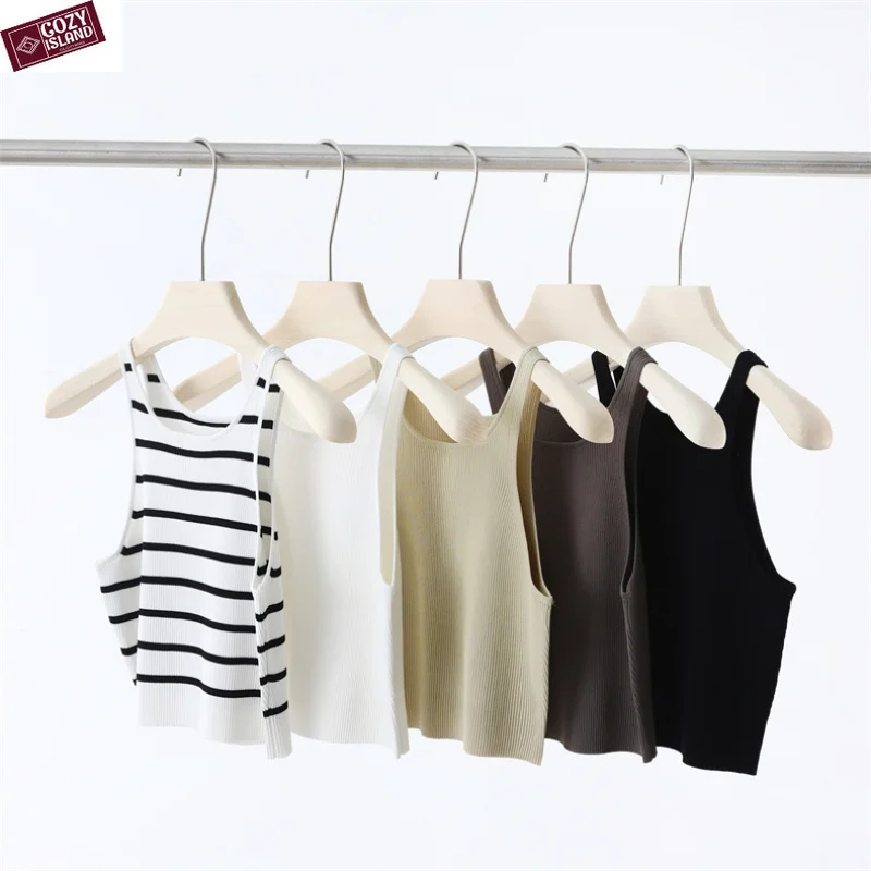 

Women Knitting Crop Tops Tanks Sling Summer Vest Camisoles Striped Slim Short T-shirts Viscose High Elasticity Korean Style Tees