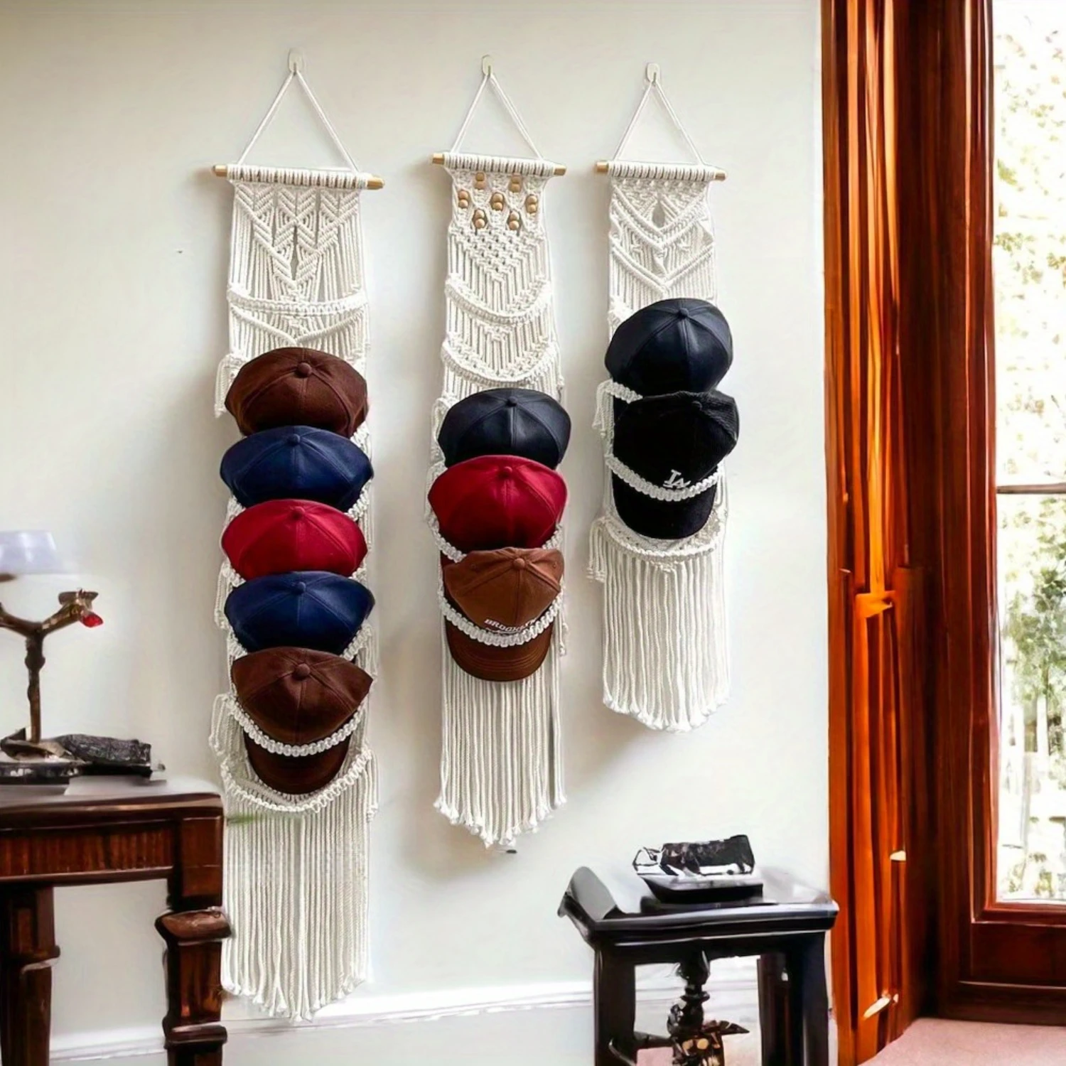 

Handwoven Hat Organizer - Stylish Wall-Mounted Rack for Living Room