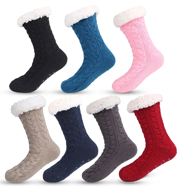 Padded Warm Christmas Socks Dot Rubber Non-slip Home Floor Twisted Jacquard Non-slip Snow Slippers Knitted Adult Winter Sock