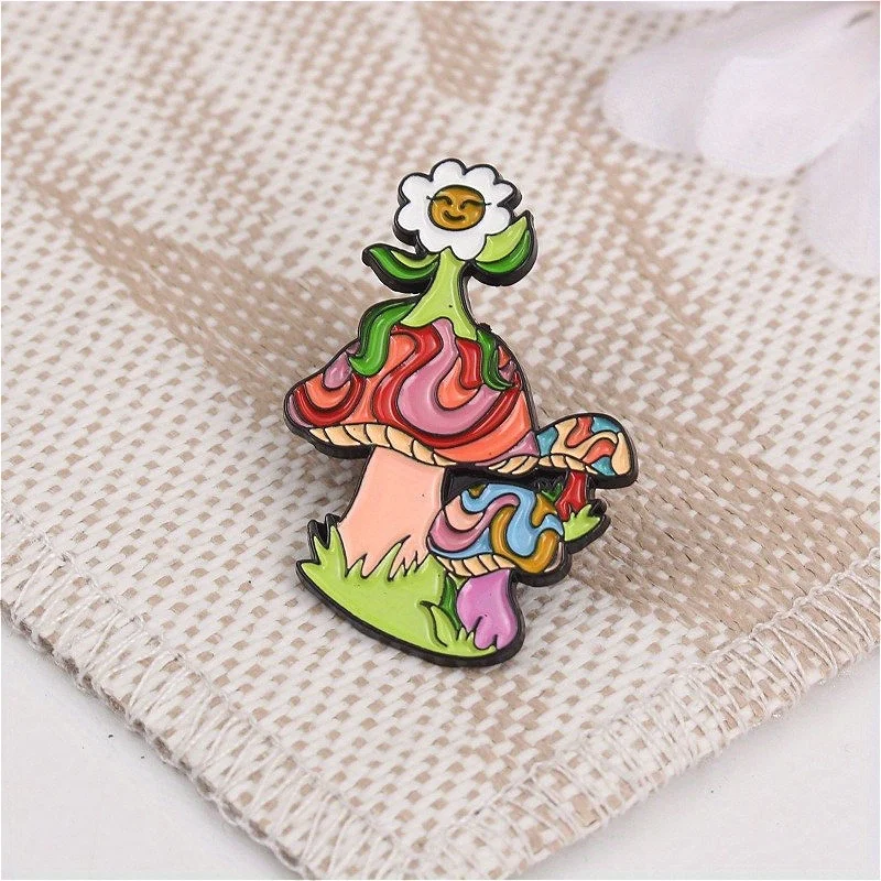 Whimsical Smiling Daisy & Mushroom Enamel Pin - Retro Minimalist Cartoon Brooch
