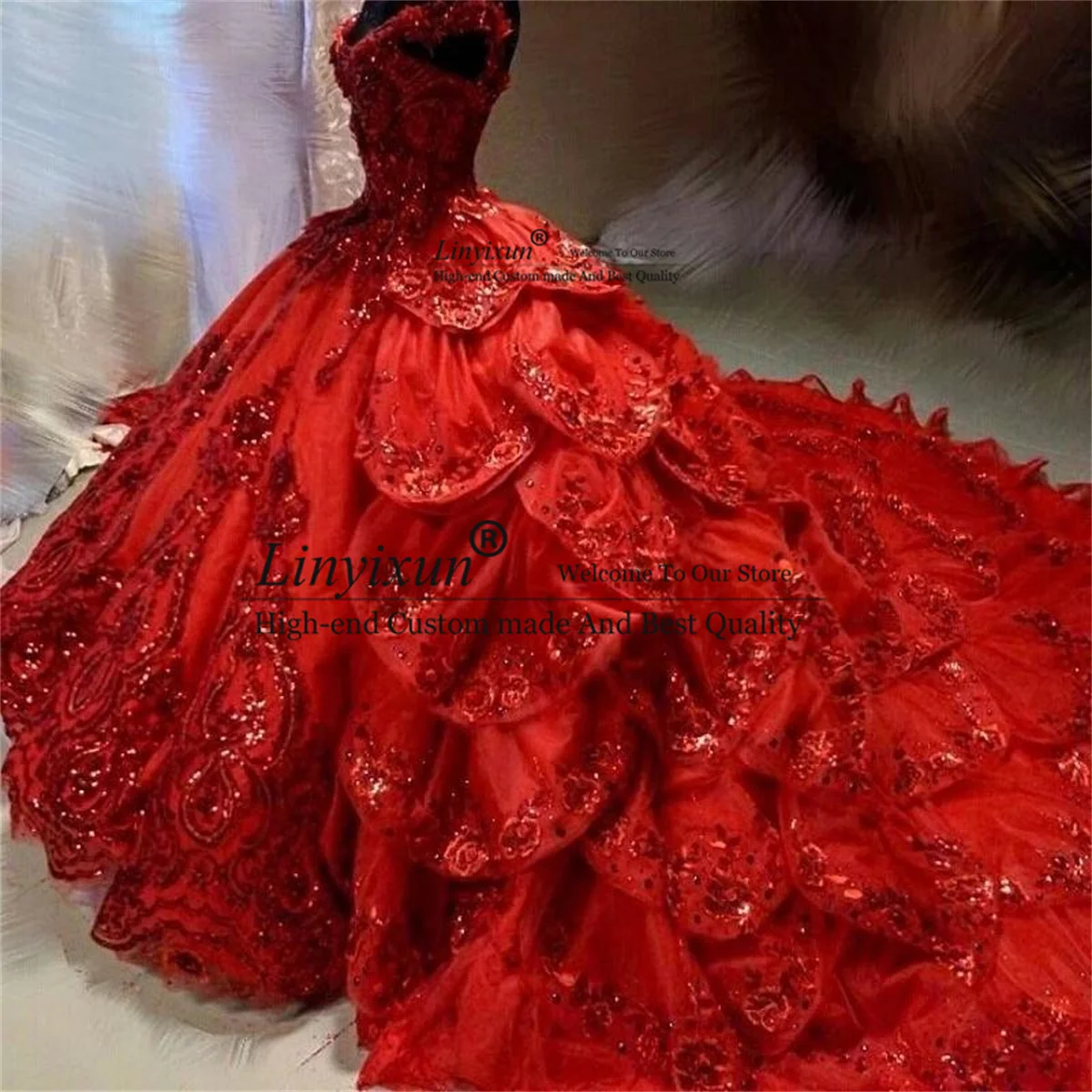 Robe rouge scintillante à épaules dénudées, jupe bouffante à plusieurs niveaux, douce robe à paillettes 16, robes perlées appliquées, 15 ans