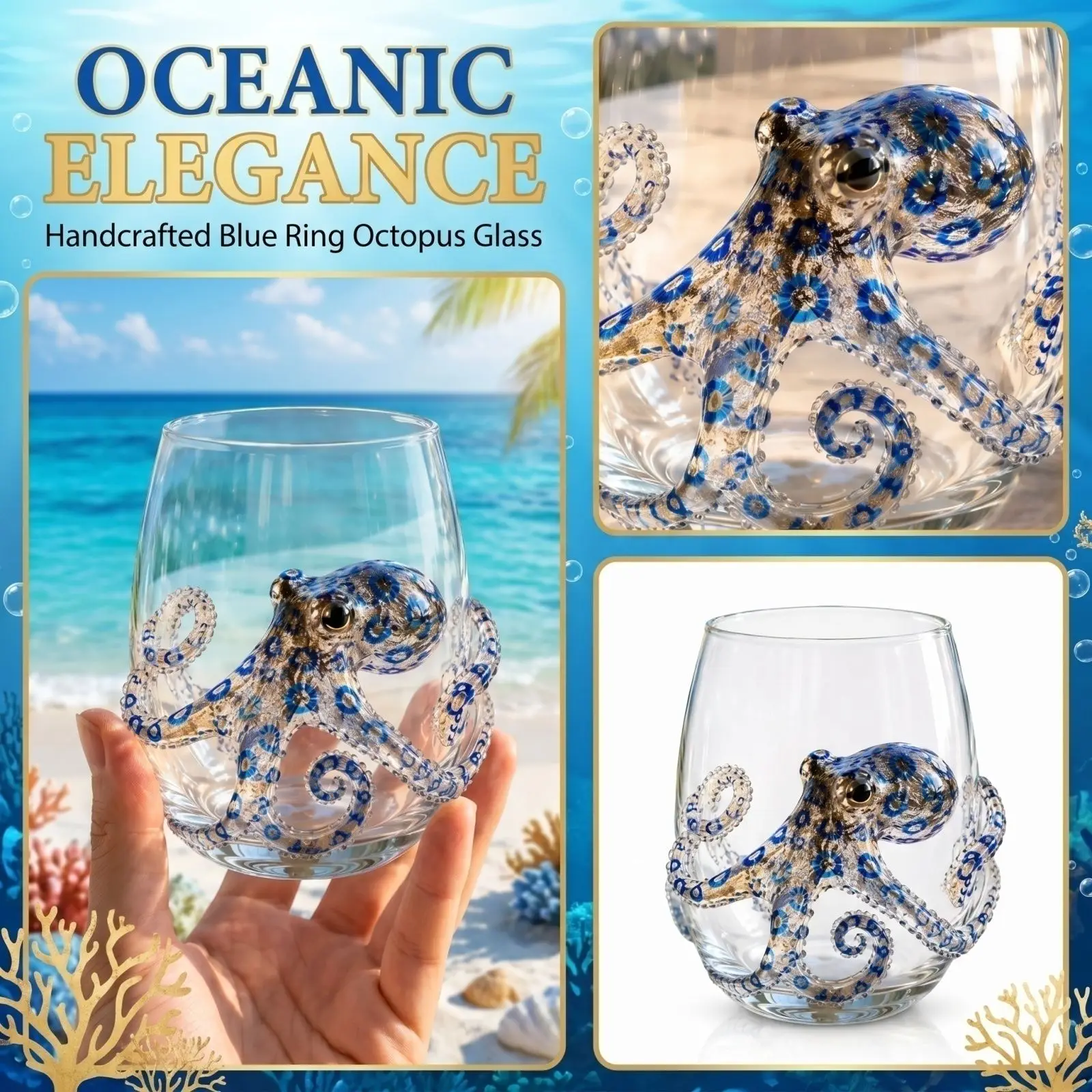 Artisanal Blue Ringed Octopus Glassware, Novelty Drinking Glass, 12 Oz Borosilicate Tumbler, Coastal Home Bar Accessories, Uniqu - view 3