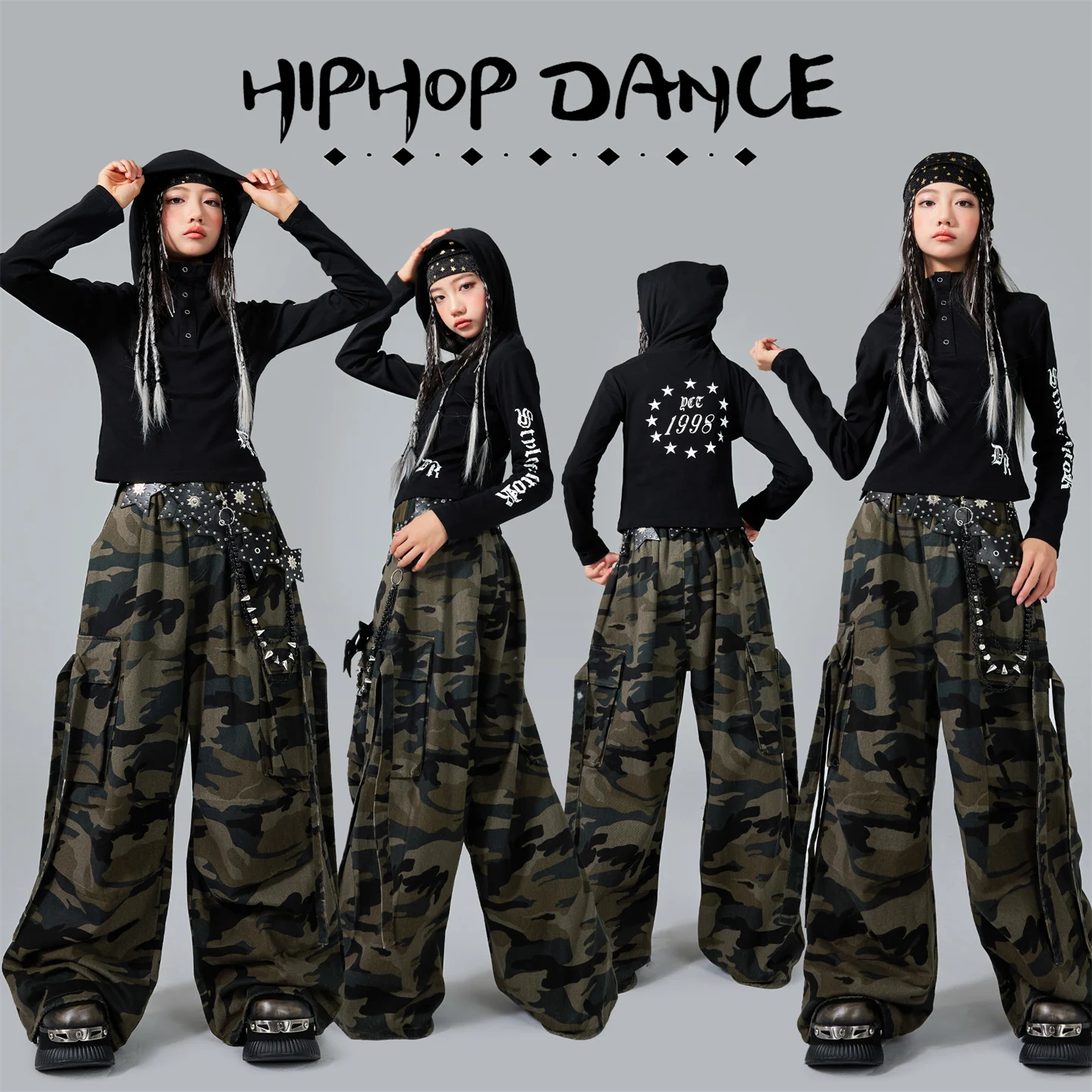 

Новые детские наряды для бальных танцев, танцевальный костюм в стиле хип-хоп для девочек, детский черный свитшот, камуфляжные штаны, джазовая одежда XS10574