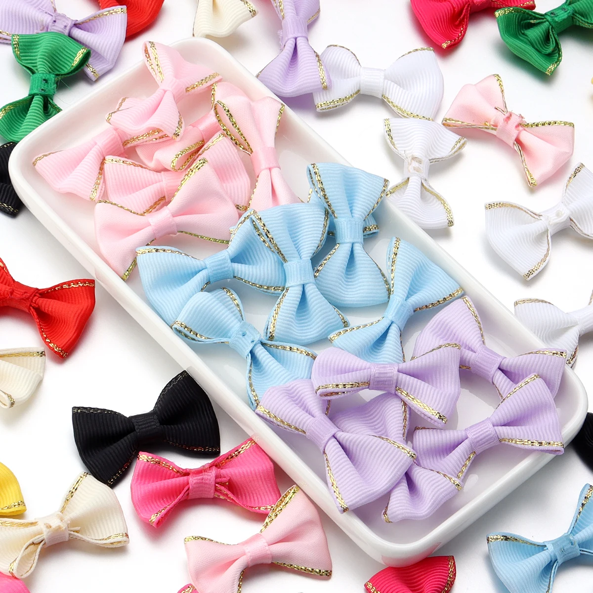 30pcs Mini Satin Ribbon Bows Color Gold Edge Grosgrain Bownots for Handmade DIY Ties Headwear Clothing Decoration Accessories