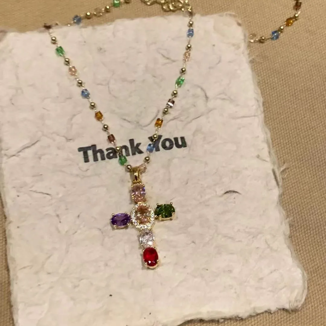 

Fashion Colorful Zircon Cross Pendant Necklace for Women Stainless Steel Silver Color Charm Religious Necklaces Jewelry Gifts