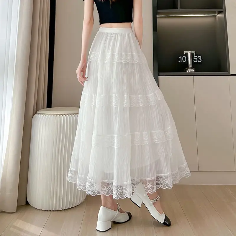 الحلو بلون تقسم الدانتيل ألف خط التنانير الملابس النسائية 2025 صيف جديد فضفاض الشباب نمط مرونة عالية الخصر ماكسي تنورة #2